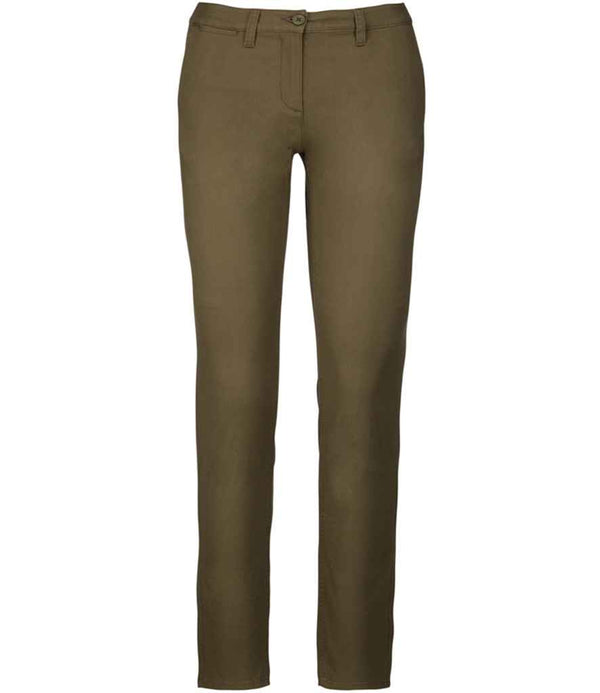 The Kariban Ladies Chino Trousers by Kariban are olive green, flat front, straight-leg pants with belt loops, a button and zip closure, and two front pockets, crafted from enzyme-washed fabric and shown against a white background.