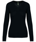 The Kariban Ladies Cotton Acrylic V Neck Sweater by Kariban is a plain, long-sleeved black sweater with a double layer neck rib, fitted style, and ribbed cuffs, hem, and neckline. It has no visible patterns or logos and is shown on a white background.