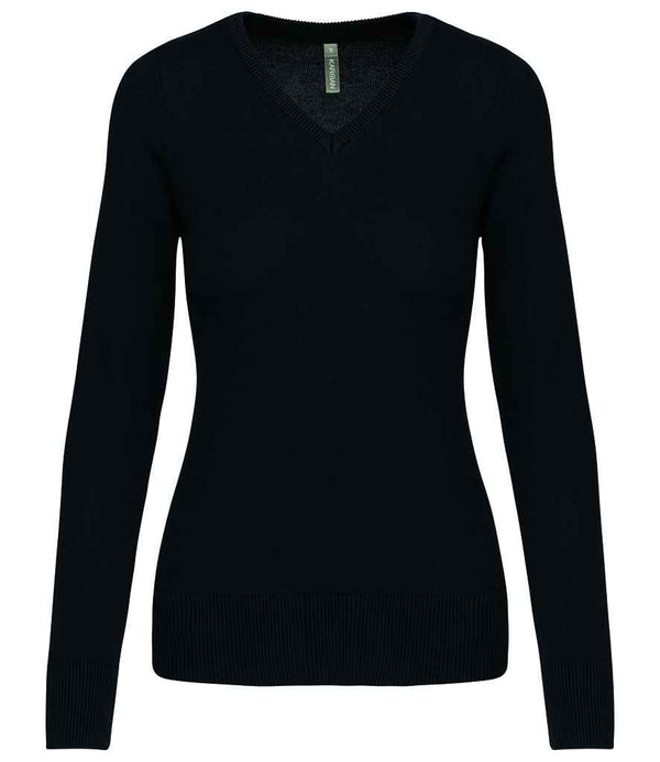 The Kariban Ladies Cotton Acrylic V Neck Sweater by Kariban is a plain, long-sleeved black sweater with a double layer neck rib, fitted style, and ribbed cuffs, hem, and neckline. It has no visible patterns or logos and is shown on a white background.