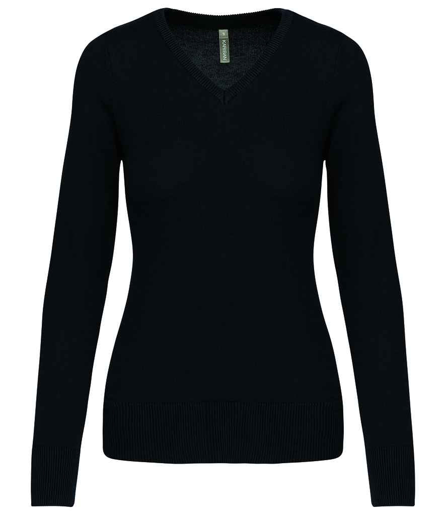 The Kariban Ladies Cotton Acrylic V Neck Sweater by Kariban is a plain, long-sleeved black sweater with a double layer neck rib, fitted style, and ribbed cuffs, hem, and neckline. It has no visible patterns or logos and is shown on a white background.