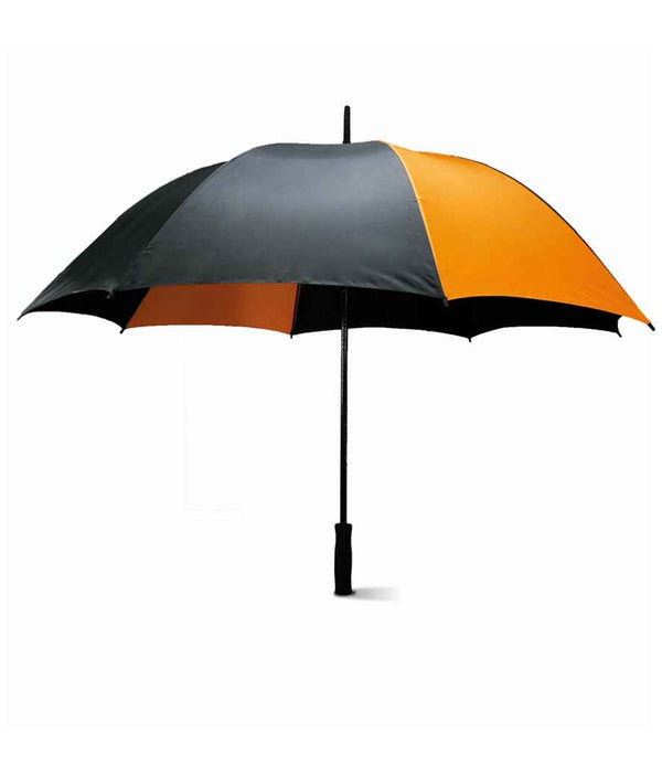 The Kimood Storm Umbrella by Kimood features a durable polyester canopy with alternating black and orange panels, plus a straight black shaft and handle, displayed against a plain white background.