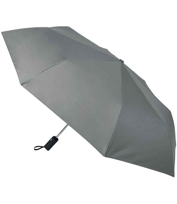 The Kimood Auto Open Mini Umbrella by Kimood, shown fully opened in gray with an aluminium frame, black handle, and wrist strap, is photographed against a white background.