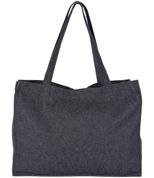 The Kimood Large Recycled Cotton Denim Look Shopping Bag by Kimood is a plain dark gray tote with two long, wide straps. Made from durable fabric, it stands upright on a white background and holds 26L, featuring no visible logos or patterns.