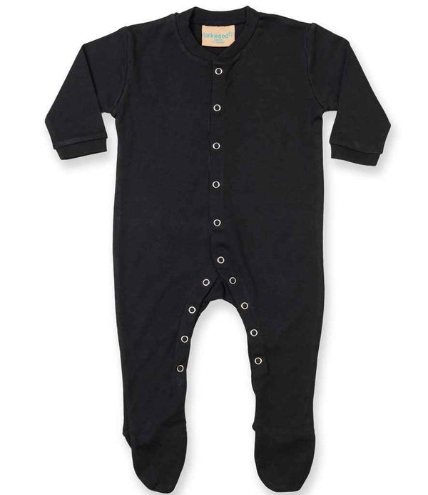 The Larkwood Baby Sleepsuit by Larkwood is a long-sleeve black onesie made from soft fabric with YKK popper closure down the front and legs and covered, shaped feet, displayed flat on a white background.