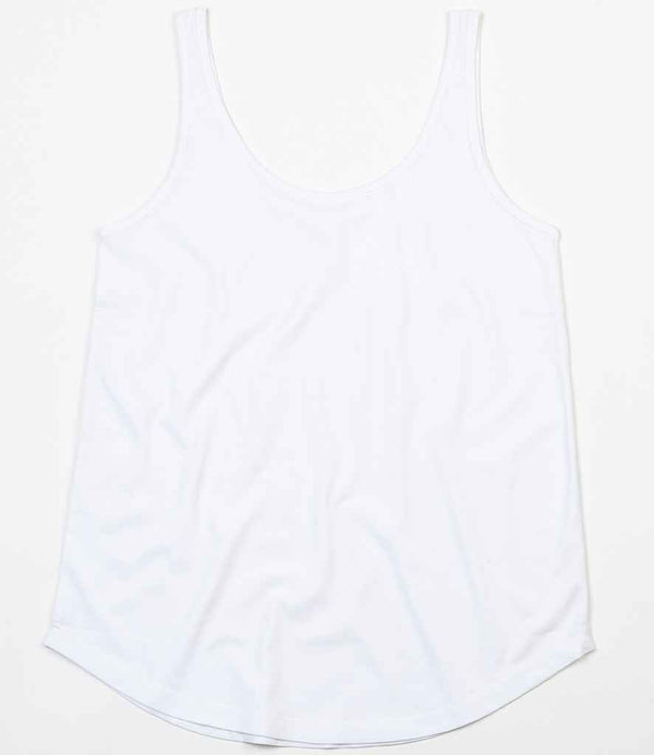 The Mantis Ladies Loose Fit Vest by Mantis is a plain white sleeveless tank top laid flat on a white background. Made from organic cotton, it features a scoop neckline, curved hem, and a relaxed fit for comfort.