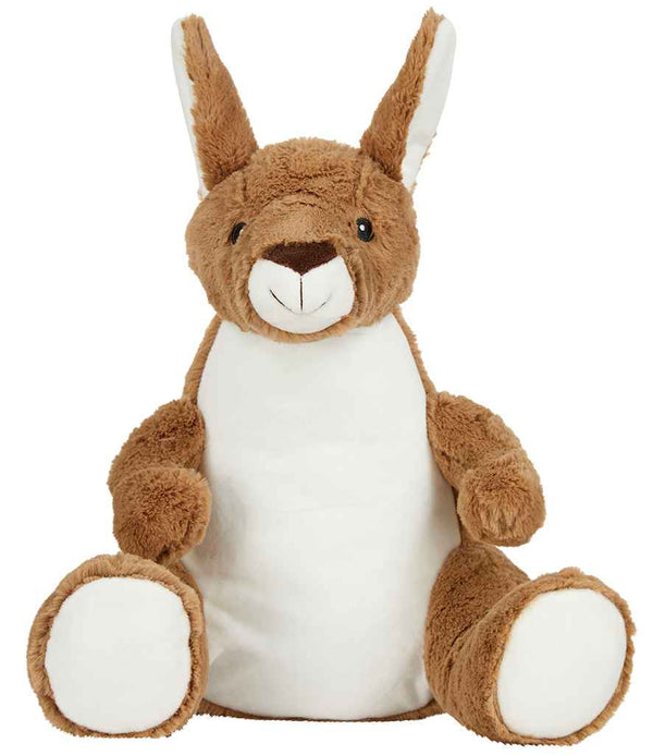 The Mumbles Zippie Kangaroo by Mumbles is a plush toy with brown fur, a white belly, white inner ears, and large round feet. It sits upright, faces forward, has a removable inner pad, and is suitable for embroidery.