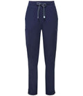The Onna by Premier Ladies Relentless Onna-Stretch Cargo Trousers are navy blue straight-leg pants made from breathable stretch fabric, featuring an elasticated drawstring waist, two side and thigh pockets, plus small slits at each leg.
