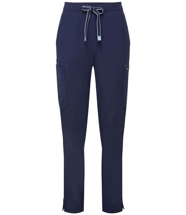 The Onna by Premier Ladies Relentless Onna-Stretch Cargo Trousers are navy blue straight-leg pants made from breathable stretch fabric, featuring an elasticated drawstring waist, two side and thigh pockets, plus small slits at each leg.