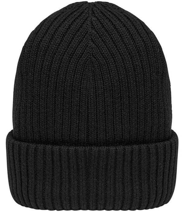 The Native Spirit Wide Cuffed Beanie by Native Spirit is a plain black ribbed knit beanie with a folded cuff and tag-free design, shown on a white background.