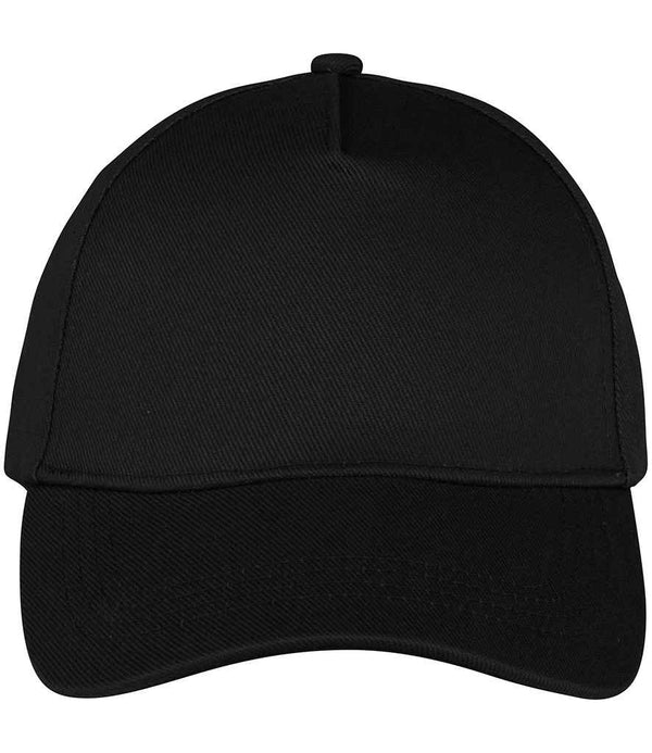 The Native Spirit 5 Panel Cap by Native Spirit is shown from the front on a white background. This plain black cap features a curved brim, structured front panel, and has no visible logos or designs.