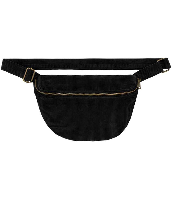 The Native Spirit Corduroy Faded Waist Bag features a black corduroy design, gold front zipper, adjustable belt with recycled metal buckle, minimalist style, curved bottom edge, and is thoughtfully product dyed.