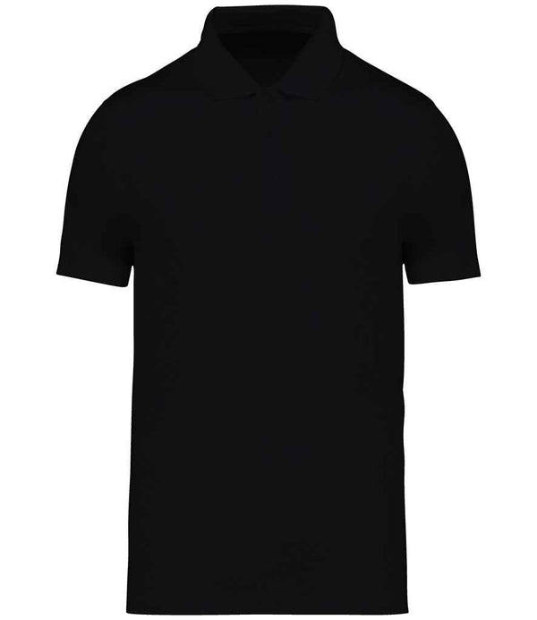 The Native Spirit Jersey Polo Shirt by Native Spirit is a plain black, short-sleeve, straight-fit polo with a collar and recycled button placket, displayed on a white background.