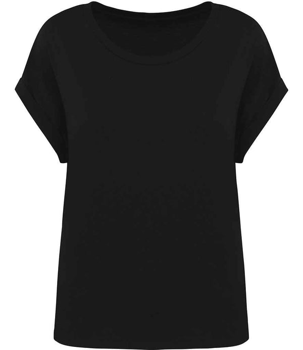 The Native Spirit Ladies Roll-Up Sleeve T-Shirt by Native Spirit is a plain black, short-sleeve tee made from soft jersey knit, featuring a round neckline and rolled cuffs, shown on a white background.