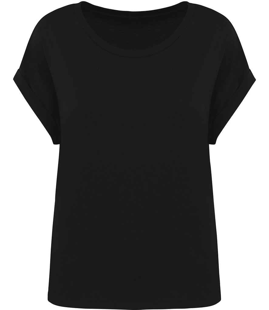 The Native Spirit Ladies Roll-Up Sleeve T-Shirt by Native Spirit is a plain black, short-sleeve tee made from soft jersey knit, featuring a round neckline and rolled cuffs, shown on a white background.