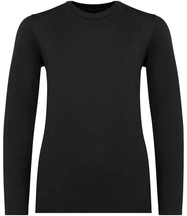The Native Spirit Kids Long Sleeve T-Shirt features a plain black design with a crew neckline and ribbed collar, shown on a white background. It offers a simple, straight fit with no visible logos or patterns. Brand: Native Spirit.
