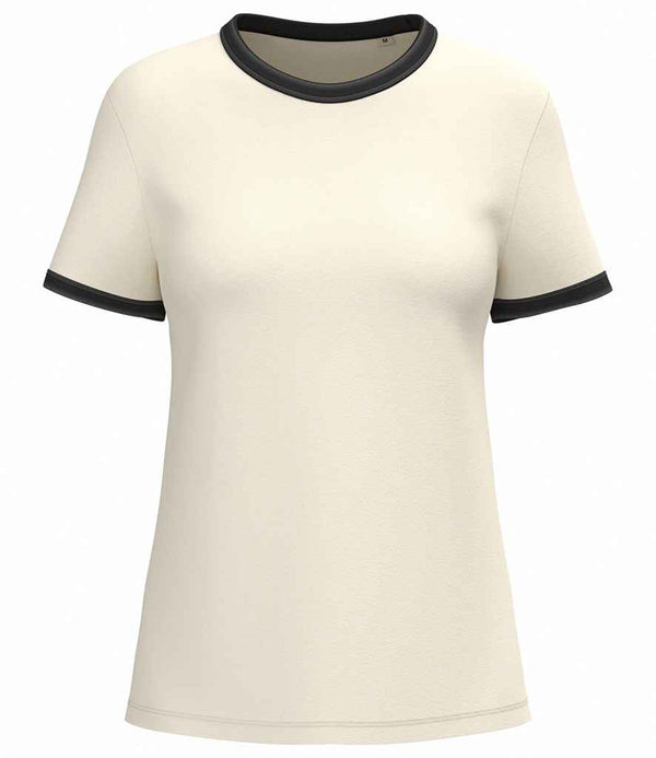 The Native Spirit Ladies Ringer T-Shirt by Native Spirit is a cream-colored short-sleeve tee with black rib knit collar and cuffs, straight fit, shown against a white background.