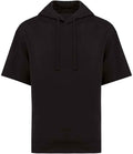The Native Spirit Unisex French Terry Short Sleeve Hooded Sweatshirt is black with a drop shoulder, drawstring hood, no visible logos or patterns, made from recycled polyester, and shown against a white background.