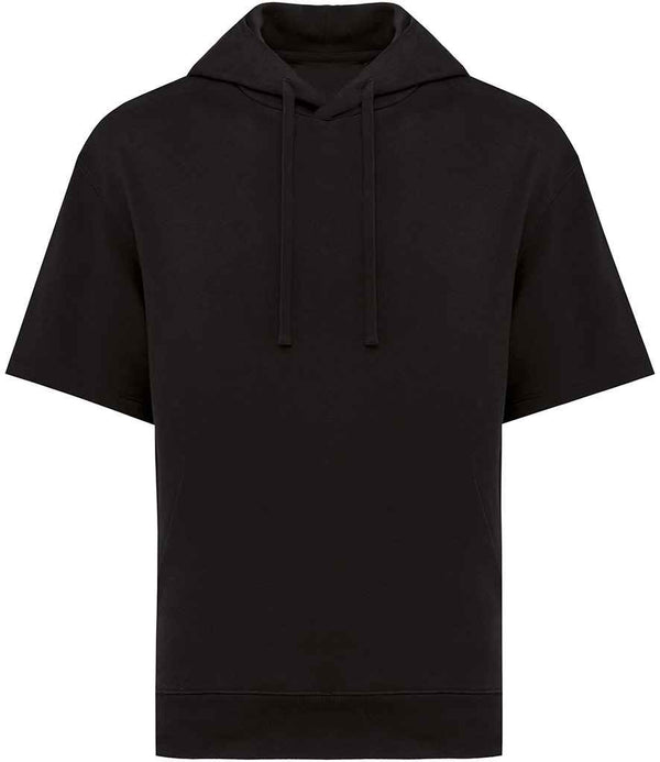 The Native Spirit Unisex French Terry Short Sleeve Hooded Sweatshirt is black with a drop shoulder, drawstring hood, no visible logos or patterns, made from recycled polyester, and shown against a white background.