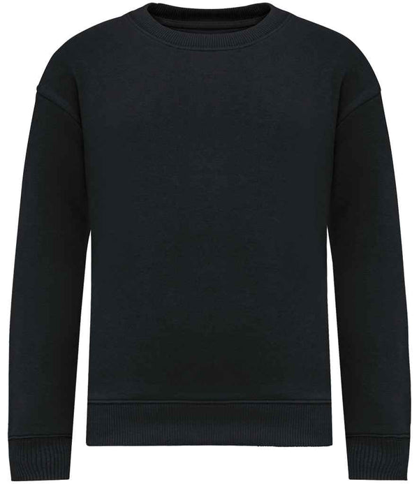 The Native Spirit Kids Oversized Round Neck Sweatshirt is a plain black, long-sleeve crewneck with ribbed cuffs, collar, and hem, made from soft brushed back fleece and displayed on a white background.