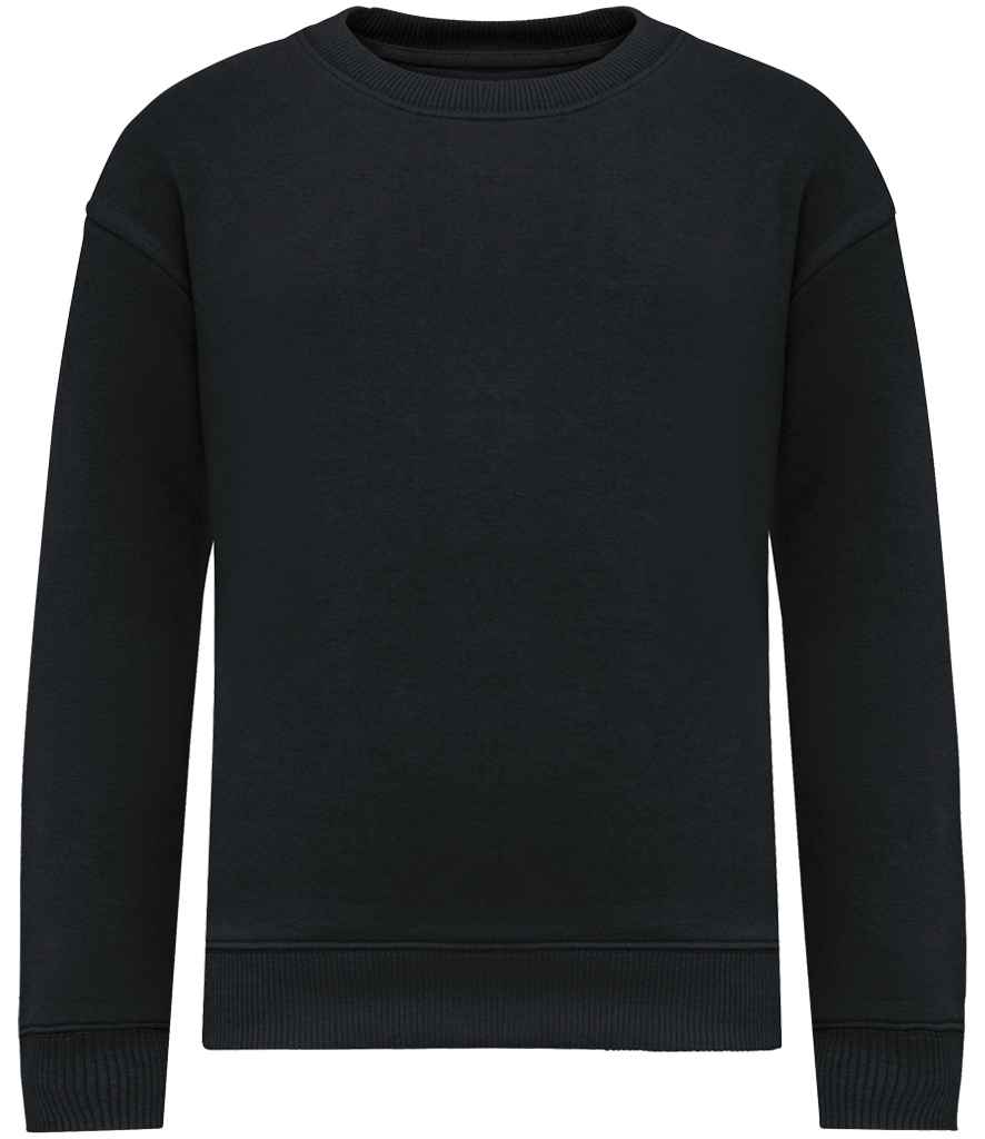 The Native Spirit Kids Oversized Round Neck Sweatshirt is a plain black, long-sleeve crewneck with ribbed cuffs, collar, and hem, made from soft brushed back fleece and displayed on a white background.