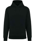 The Native Spirit Unisex Oversized Hooded Sweatshirt by Native Spirit features long sleeves, a front pocket, and soft brushed back fleece in plain black, shown against a white background.