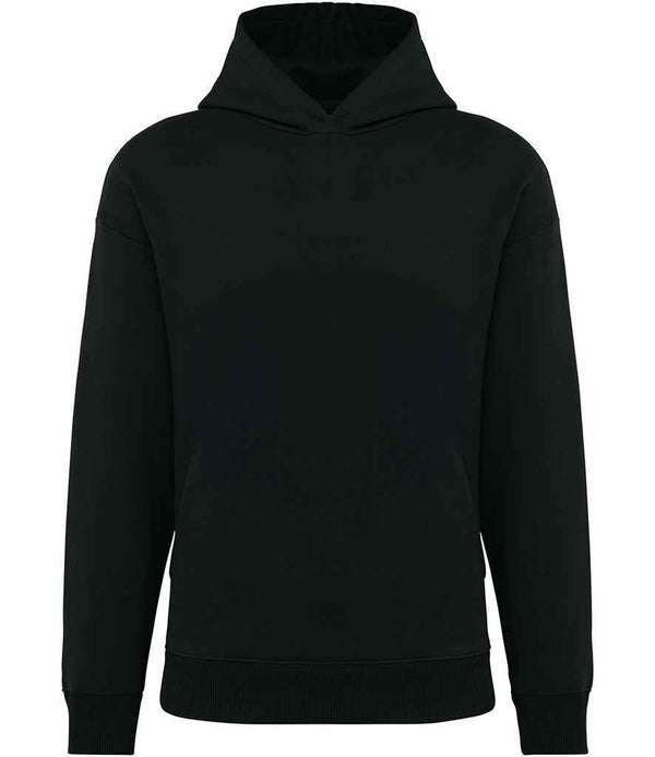 The Native Spirit Unisex Oversized Hooded Sweatshirt by Native Spirit features long sleeves, a front pocket, and soft brushed back fleece in plain black, shown against a white background.