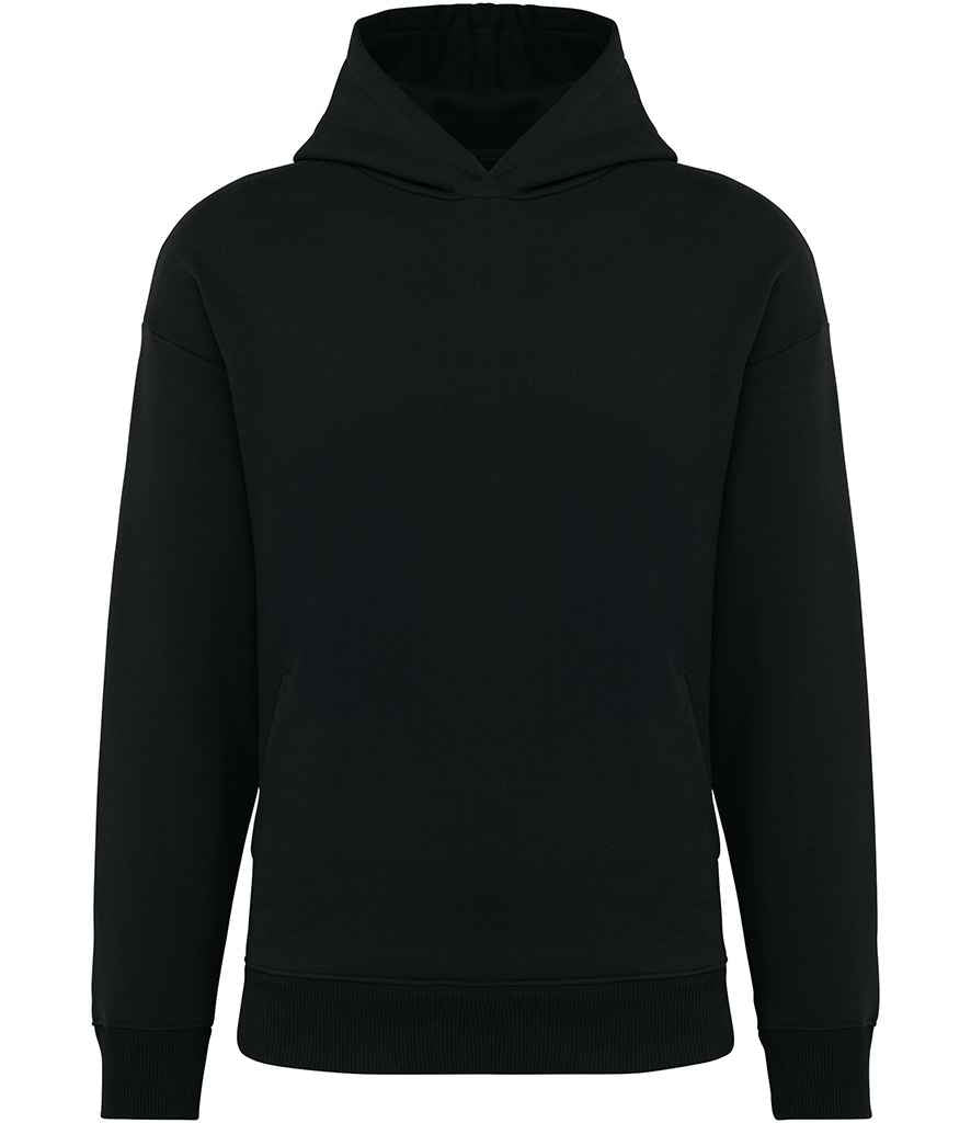 The Native Spirit Unisex Oversized Hooded Sweatshirt by Native Spirit features long sleeves, a front pocket, and soft brushed back fleece in plain black, shown against a white background.
