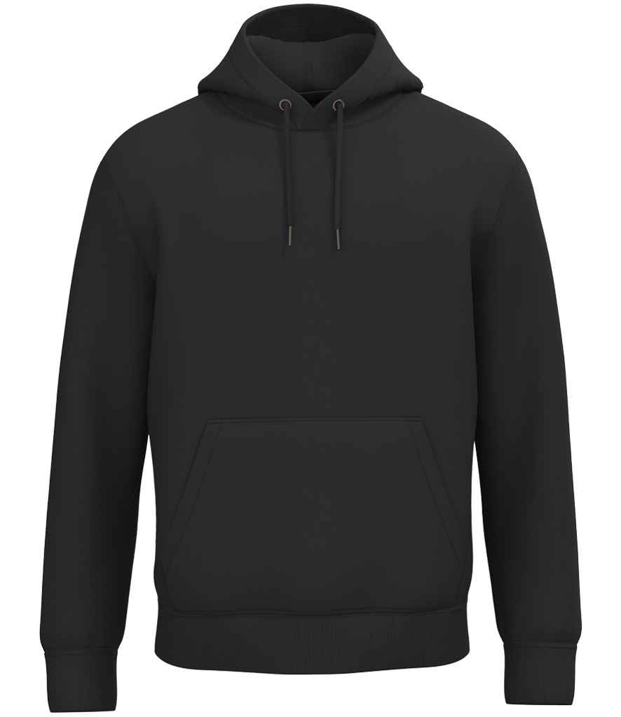 The Native Spirit Unisex Hooded Sweatshirt by Native Spirit, shown on a white background, is a black recycled polyester hoodie with a lined hood, front pocket, drawstrings, long sleeves, brushed back fleece, and a relaxed fit.