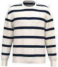 The Native Spirit Unisex Striped Crew Neck Sweatshirt features horizontal navy blue and white stripes, cuffed sleeves, a straight hem, and a comfortable drop shoulder design.