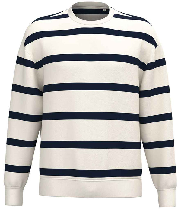 The Native Spirit Unisex Striped Crew Neck Sweatshirt features horizontal navy blue and white stripes, cuffed sleeves, a straight hem, and a comfortable drop shoulder design.