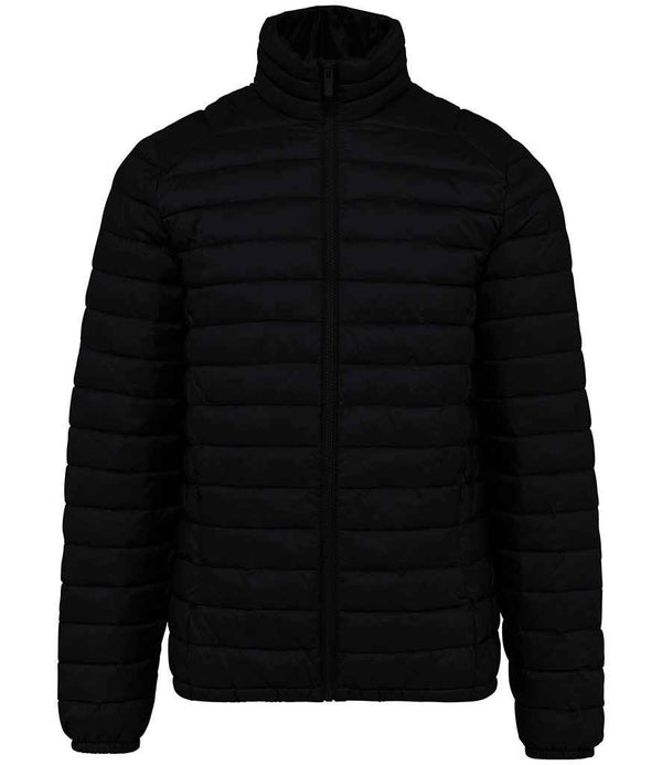 The Native Spirit Lightweight Recycled Padded Jacket features a black quilted design, windproof and shower resistant fabric, front zipper, high collar, long sleeves, horizontal stitching, and recycled polyester padding—ideal for cold weather.