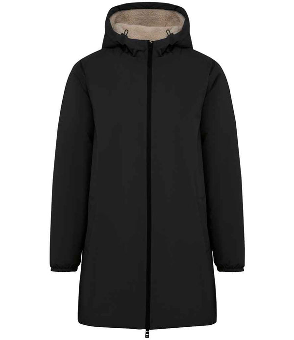 The Native Spirit Unisex Sherpa Lined Waterproof Jacket features a long black design with a hood, front zipper, elastic cuffs, and visible sherpa lining. Made from recycled polyester, it is shown against a plain white background.