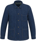The Native Spirit Unisex Dropped Shoulder Denim Jacket features a collar, straight fit, button-up front with recycled plastic buttons, visible stitching, three outer pockets (chest and waist), and long sleeves.