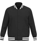 The Native Spirit Unisex Varsity Padded Jacket by Native Spirit is black with white stripes on the collar, cuffs, and hem. Made from recycled polyester, it has snap front buttons, two side pockets, and a plain design without visible logos or extra details.