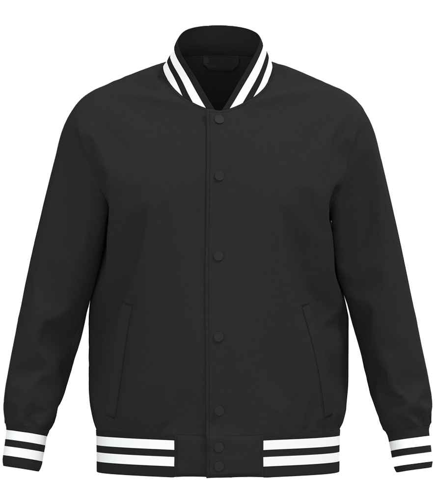 The Native Spirit Unisex Varsity Padded Jacket by Native Spirit is black with white stripes on the collar, cuffs, and hem. Made from recycled polyester, it has snap front buttons, two side pockets, and a plain design without visible logos or extra details.