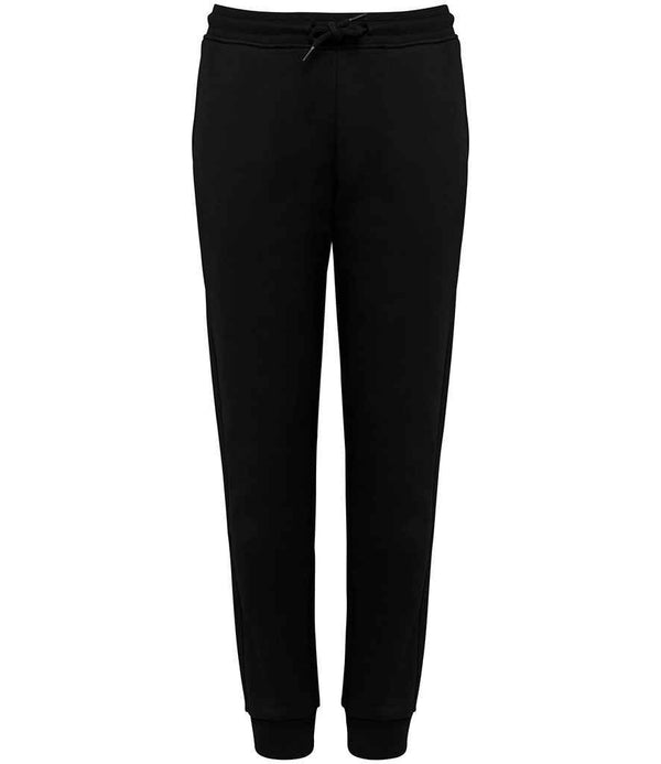 Native Spirit Kids Jog Pants by Native Spirit—plain black joggers made from soft brushed back fleece, with a drawstring waistband and fitted ankle cuffs. Shown against a white background.