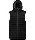 The Proact Hooded Padded Bodywarmer by Proact is a sleeveless black vest with polyester padding, front zipper, two zipped side pockets, and an attached hood, shown on a plain white background.