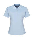The Premier Ladies Coolchecker® Piqué Polo Shirt by Premier is a light blue, fitted womens polo with short sleeves, ribbed collar, and three front buttons, shown on a white background.