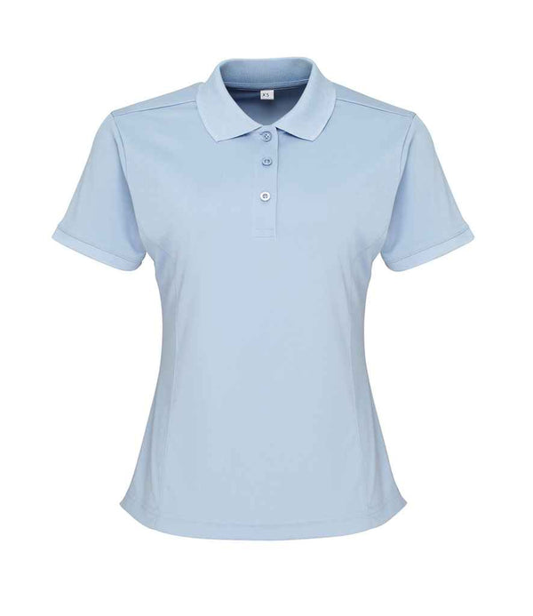 The Premier Ladies Coolchecker® Piqué Polo Shirt by Premier is a light blue, fitted womens polo with short sleeves, ribbed collar, and three front buttons, shown on a white background.