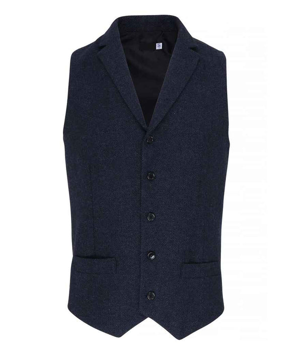 The Premier Herringbone Waistcoat by Premier is a dark navy blue, single-breasted formal vest with five black buttons, two front pockets, a notched collar, adjustable buckle, and satin lining, shown on a plain white background.