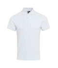 The Premier Coolchecker® Plus Piqué Polo Shirt by Premier is a plain white short-sleeve polo with a collar and three-button placket, made from quick-drying Coolplus wicking yarn, shown on a white background.