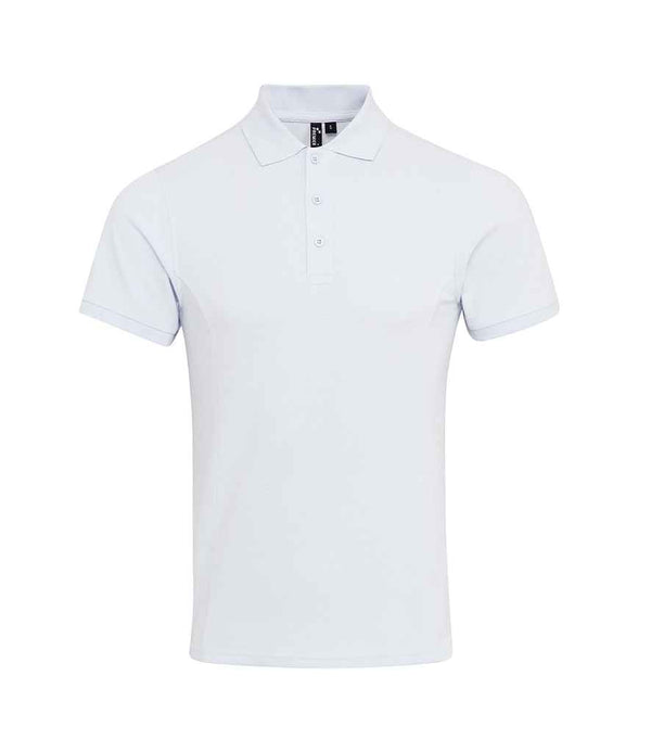 The Premier Coolchecker® Plus Piqué Polo Shirt by Premier is a plain white short-sleeve polo with a collar and three-button placket, made from quick-drying Coolplus wicking yarn, shown on a white background.