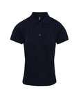 The Premier Ladies Coolchecker® Plus Piqué Polo Shirt by Premier is a plain black, short-sleeve polo with a collar and three buttons, made from quick-dry fabric and shown against a white background.