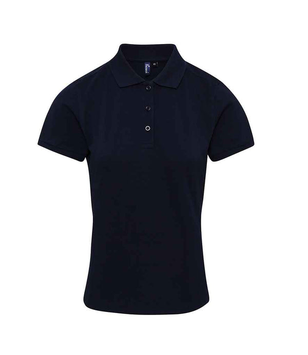 The Premier Ladies Coolchecker® Plus Piqué Polo Shirt by Premier is a plain black, short-sleeve polo with a collar and three buttons, made from quick-dry fabric and shown against a white background.