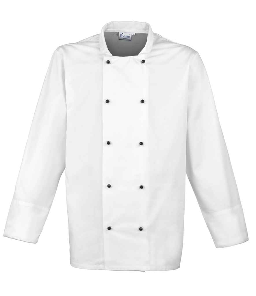 The Premier Chefs Jacket Studs by Premier, a plain white double-breasted chef coat with black buttons, long sleeves, stand collar, optional embroidery, and classic jacket studs (PR661), is displayed on a blank background.
