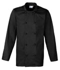 The Premier Unisex Cuisine Chefs Jacket by Premier is a black, long-sleeved chef jacket with a mandarin collar and double-breasted front, featuring black stud button closure, shown on a plain white background.