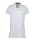 The Premier Ladies Orchid Short Sleeve Tunic by Premier features a smart mandarin collar, asymmetric button closure, and easy-care fabric. Displayed on a plain white background, this stylish white tunic is perfect for a polished look.