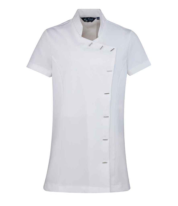 The Premier Ladies Orchid Short Sleeve Tunic by Premier features a smart mandarin collar, asymmetric button closure, and easy-care fabric. Displayed on a plain white background, this stylish white tunic is perfect for a polished look.