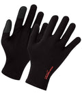 Premier HeiQ Viroblock Touch Gloves by Premier are black gloves with HeiQ Viroblock antimicrobial tech. The index finger and thumb work on touch screens, and HEIQ V-BLOCK is printed in red near the right wrist.