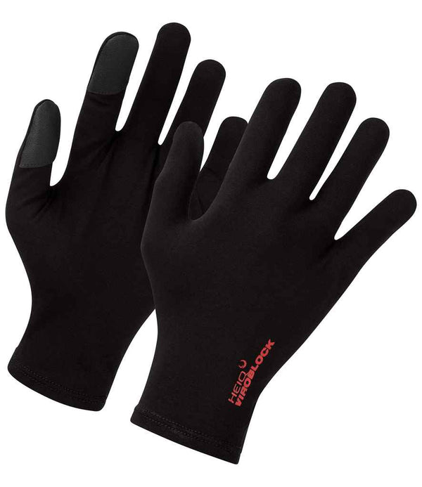 Premier HeiQ Viroblock Touch Gloves by Premier are black gloves with HeiQ Viroblock antimicrobial tech. The index finger and thumb work on touch screens, and HEIQ V-BLOCK is printed in red near the right wrist.